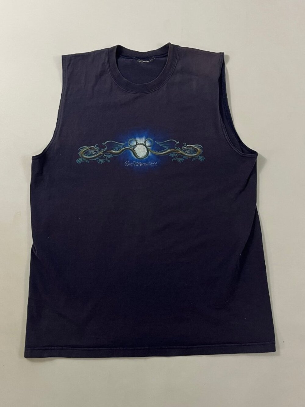 Vintage Y2K Walt Disney World Mickey Dragon Graphic Muscle Tee Sleeveless Navy
